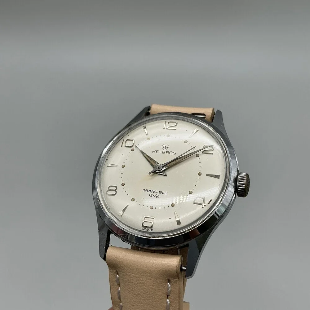 Vintage Helbros Invincible Mens Watch 32mm Cream Dial Beige Leather Manual Swiss